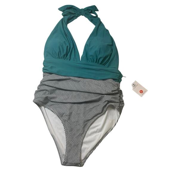 CUPSHE HALTER SWIMMING SUIT ONE PIECE KEEPING YOU ACCOMPANIED STRIPED SZ L BEACH - Picture 7 of 13